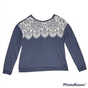 Inspired Hearts Long Sleeve Top Womens Sz L Blue Lace Applique Lace Up Back NEW